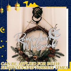 Queekay Ramadan Mubarak Hanging Sign Eid Wooden Glitter Sign Moon and Stars H…