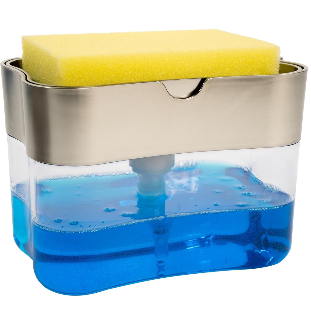 S&T INC. Dish Soap Dispenser and Sponge Holder for 13 oz, Metallic Grey