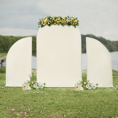 Wedding Arch White Frame with Beige Fabric Cover Triple Archway for Ceremony