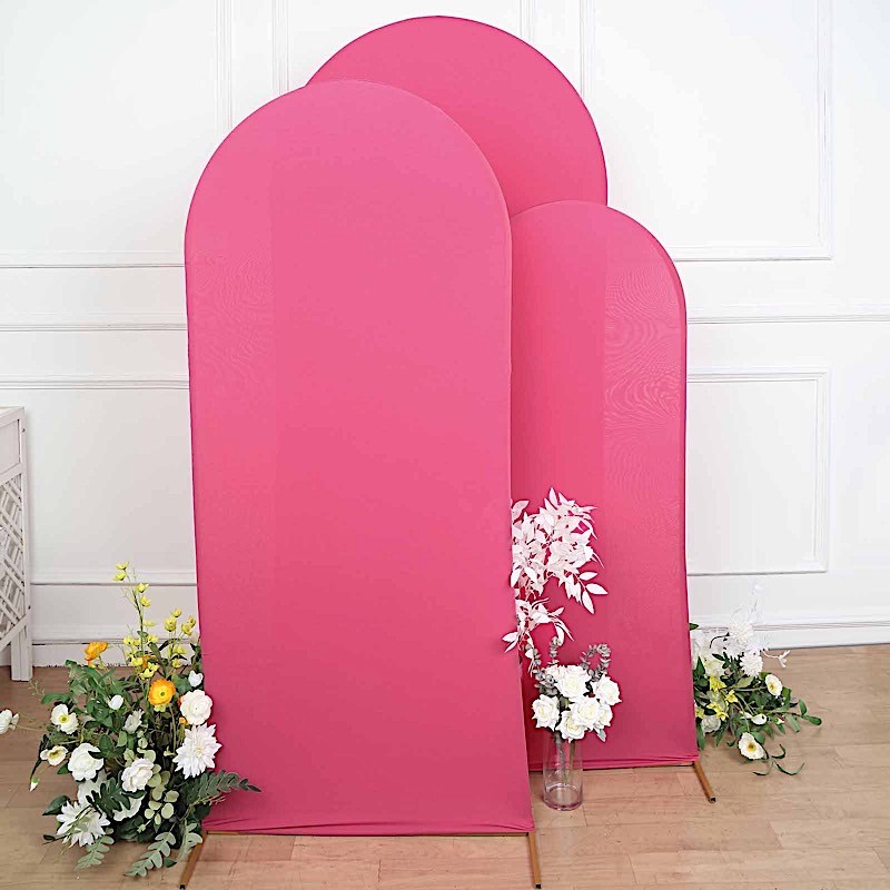3 FUCHSIA Matte Fitted Spandex Round Top Arch Backdrop STAND COVERS Set Events