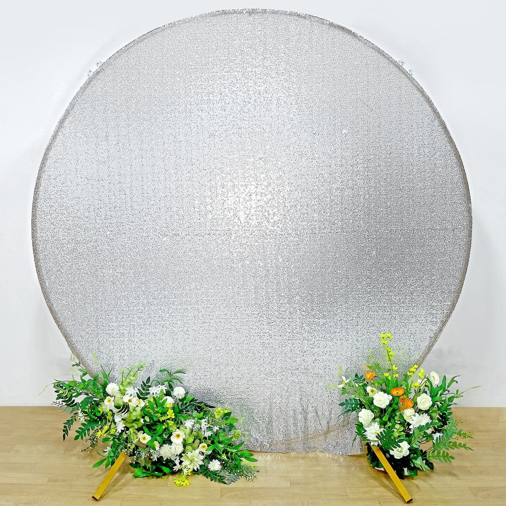 7.5 ft SILVER Metallic Sequin Round Backdrop STAND COVER Party Events