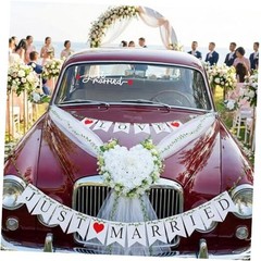 Just Married Car Decorations Set – White Wedding Car Ribbon & Flower Kit with