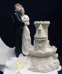 Sand Castle Beach Florida Wedding Cake Topper. Ocean Lake bride and Groom Top