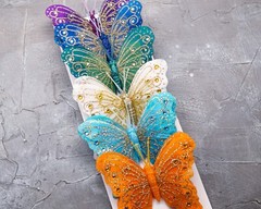 12PC 4″ Rainbow + Gold Glitter Feather Butterfly Craft DIY Wedding Cake Topper