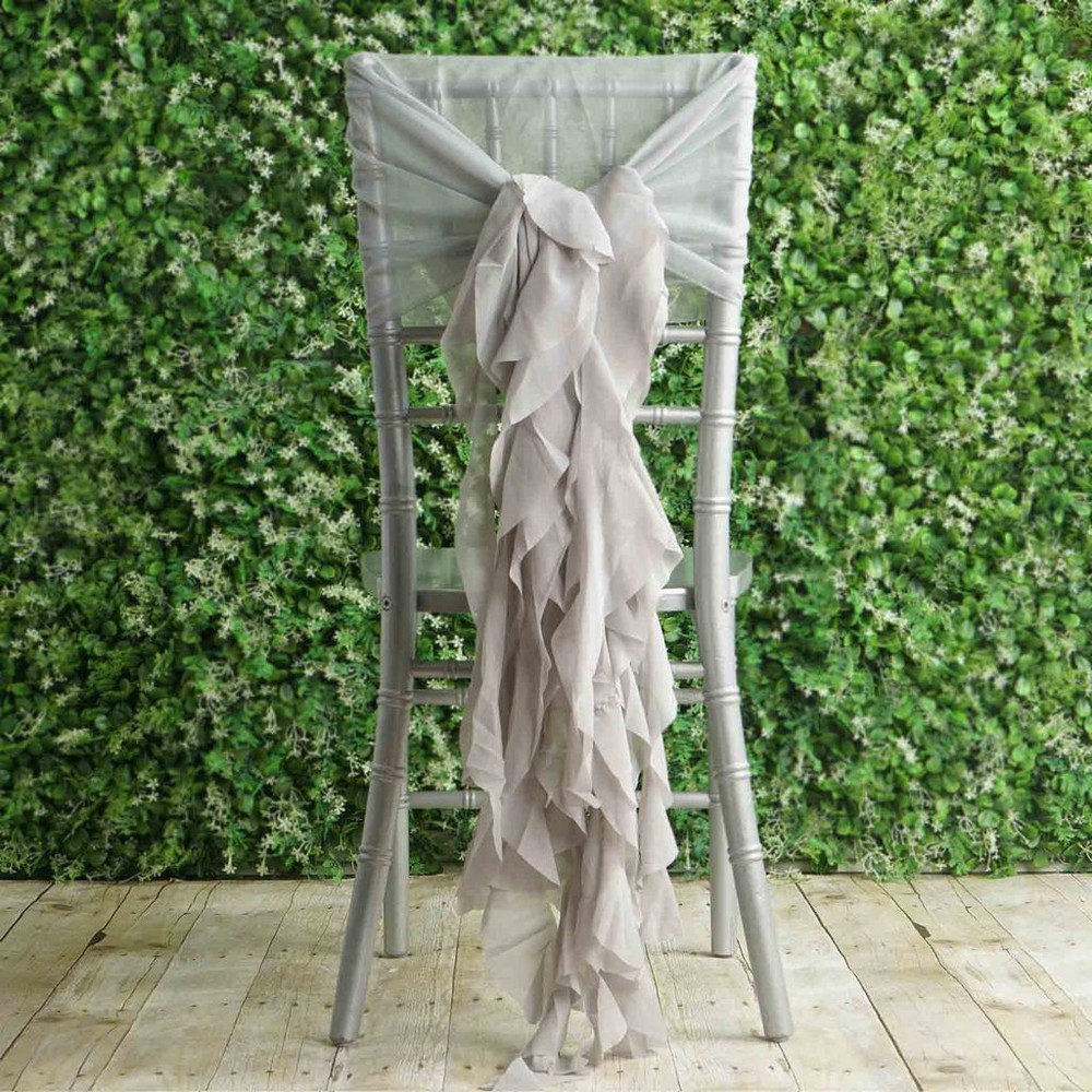 Silver Premium CHAIR COVER with Curly Chiffon Ruffled SASHES Wedding Light Gray