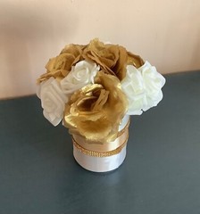 Golden Rose centerpiece embellished with satin and rhinestone ribbon…you pick co