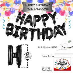 Mylar Foil Happy Birthday Banner – 16 Inch Black Balloons, Birthday Sign, Par…