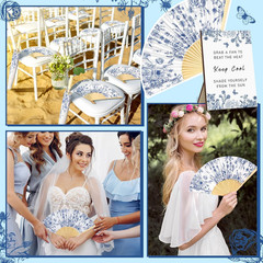 Blue Floral Wedding Favor Set: 61 Pcs with Umbrellas, Fans, Bags & Sign