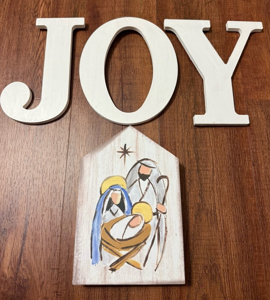 Joy Handmade Wooden Hanging Letters And Christmas Nativity Block Decor