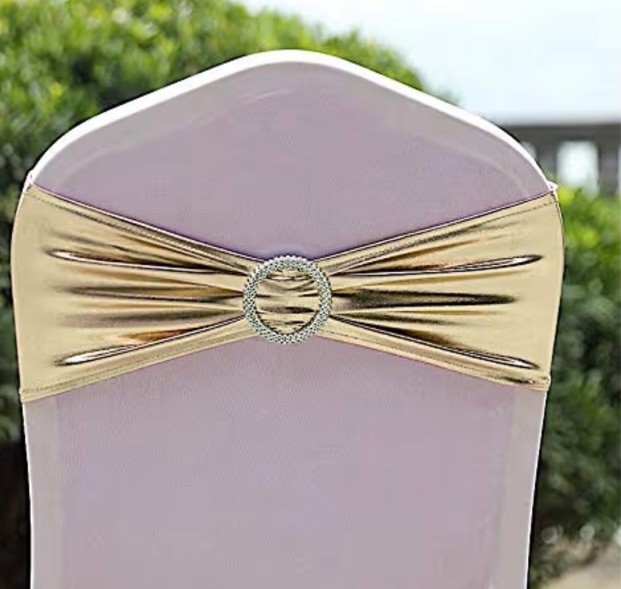 Gold Solid Spandex/Polyester Chair Sash w/ Rhinestone Buckle for Wedding