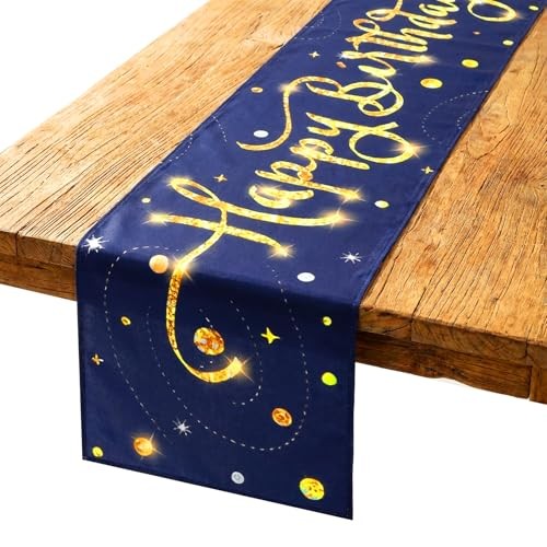 Deep Blue Gold Happy Birthday Table Runner, 72×13 in Confetti Happy Birthday