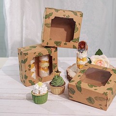 12 Brown Green 6″ Tropical Leaf Dessert Bakery Cake Boxes Window Party Supplies