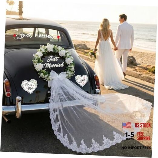 Just Married Car Decorations Set – White Floral Wreath with Long Tulle, Static