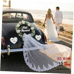 Just Married Car Decorations Set – White Floral Wreath with Long Tulle, Static