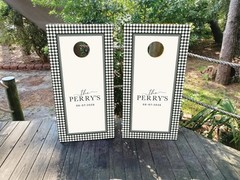 Custom Wedding Cornhole Wraps or Boards – Checkered Black and Ivory Design