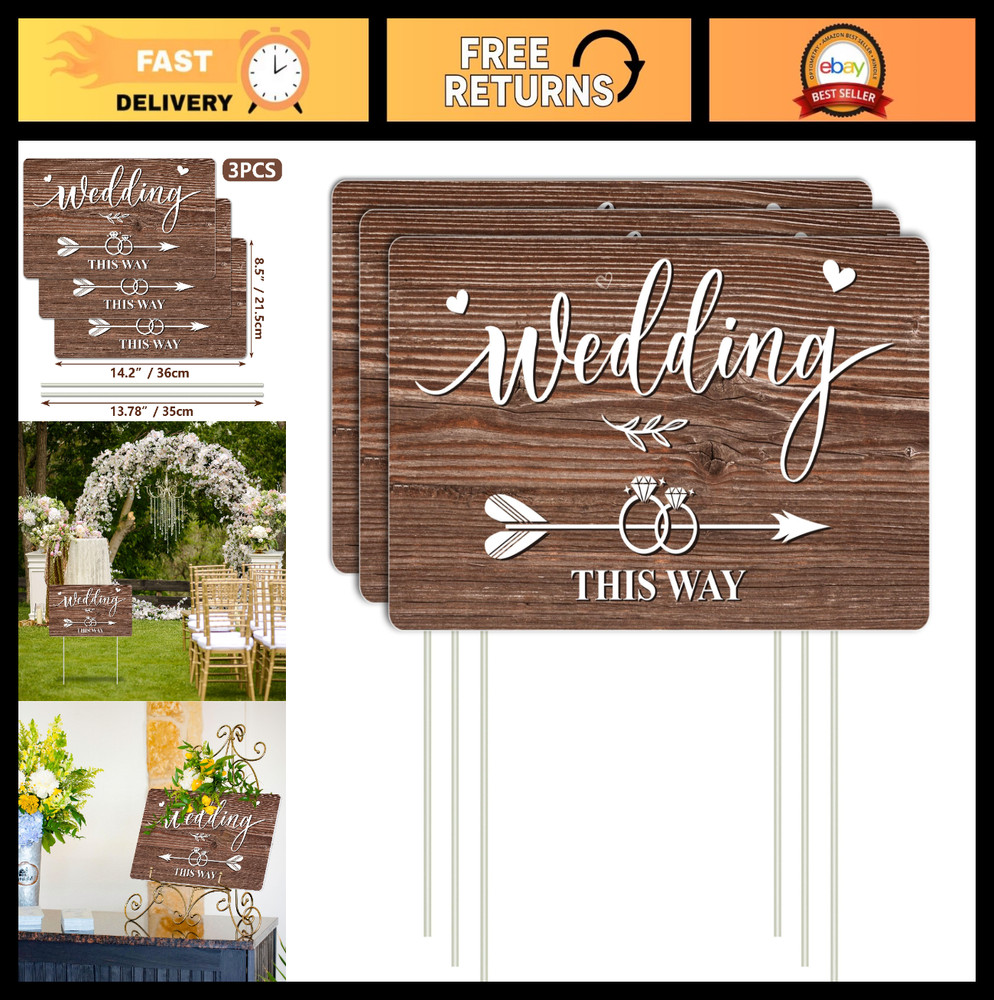 3Pcs Double-Sided Wedding Direction Signs – Corrugated Plastic Arrow Markers wit