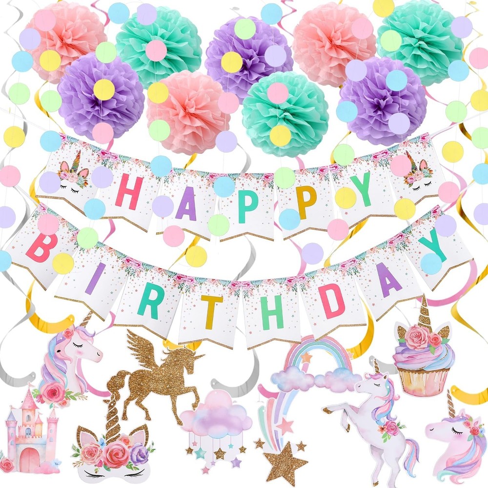 Unicorn Birthday Decorations, Happy Birthday Banner,9pcs Tissue Paper Pom Pom…