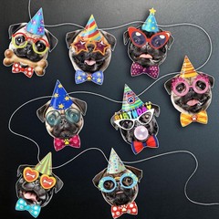 Pug Birthday Garland — Photographic Pug Faces Birthday Banner, Funny Pug B