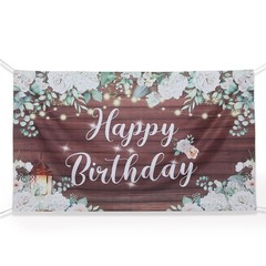 6 ft x 3 ft WHITE BROWN Wood Floral Printed Backdrop Happy Birthday BANNER Party