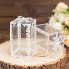 25 Clear White Rectangular Plastic Favor Boxes Bowknot Lace Pattern Party Events