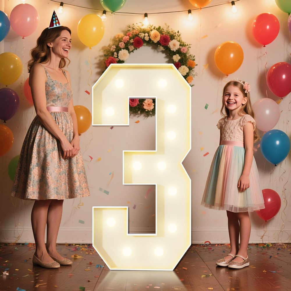 4FT Marquee Numbers 3 Sign,Large Light Up Numbers Party Decoration – Hook and…