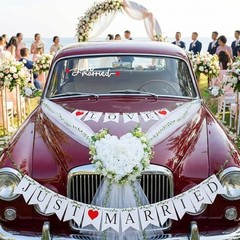 Just Married Car Decorations Set – White Wedding Car Ribbon & Flower Kit with