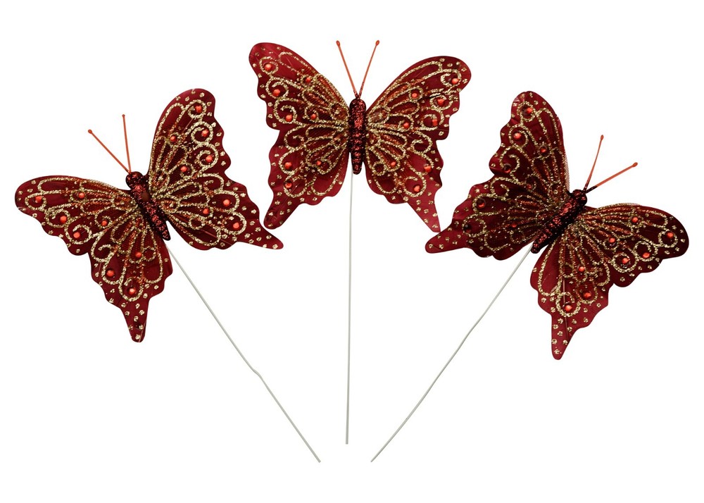 12PC 4″ Burgundy + Gold Glitter Feather Butterfly Craft DIY Wedding Cake Topper