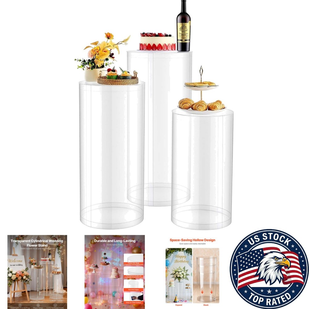 Versatile Cylinder Plinth Set – 3pcs Clear Acrylic Stands for Weddings & Parties