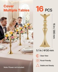 VEVOR 16 PCS Wedding Flower Vase 15in Tall Crystal Table Centerpieces Gold