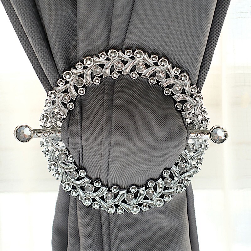 2 SILVER Plastic 7″ Round Curtain Tie Backs Acrylic Crystals Drapery Holdbacks