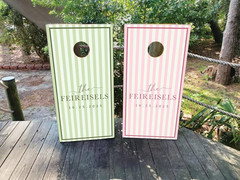 Custom Wedding Cornhole Wraps or Boards – Green and Pink Stripe Design