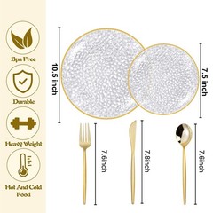 Rubtlamp 150Pcs Plastic Plates, Heavy Duty Clear Plates With Gold Rim, Hammer…