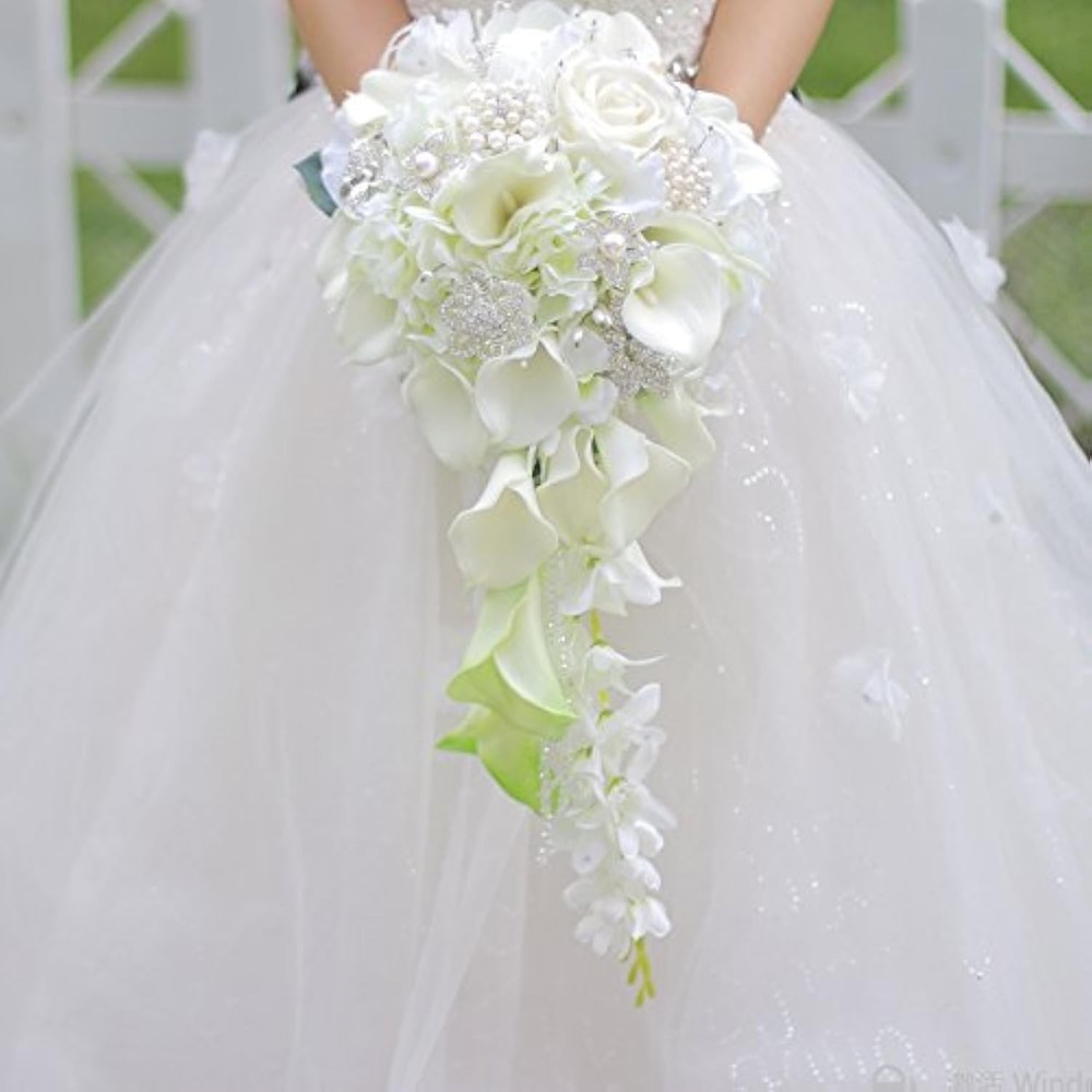 Calla Lilies Simulation Rose Diamonds Pearl Bride Wedding Bouquet (White)