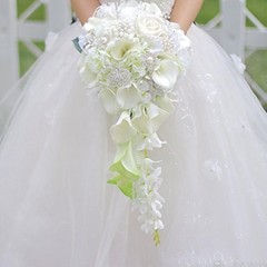 Calla Lilies Simulation Rose Diamonds Pearl Bride Wedding Bouquet (White)