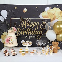 6×3 ft Black Gold Printed Polyester Photo Backdrop Happy Birthday Banner Party