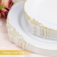 Goodluck 100PCS White and Gold Plastic Plates – 10.25” Heavy Duty Di