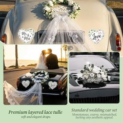 Just Married Car Decorations Set – White Floral Wreath with Long Tulle, Static