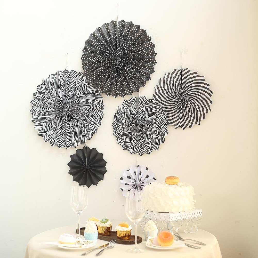 6 pcs Black and White Paper Fans Wall Backdrop Wedding Party Events Decorations