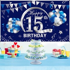 Kauayurk Blue Silver 15th Birthday Banner Decorations for Boys, Happy 15 Birt…