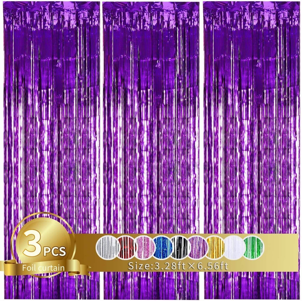 3 Pack Purple Metallic Tinsel Curtains, Tinsel Foil Curtain Foil Fringe Pre…