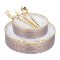 Rubtlamp 150Pcs Plastic Plates, Heavy Duty Clear Plates With Gold Rim, Hammer…
