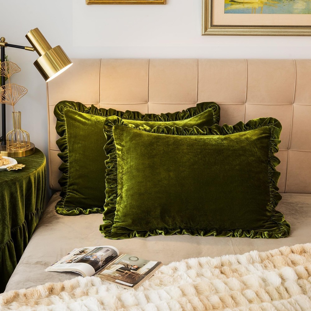 Velvet Pillow Shams Set of 2 Retro Ruffle Flounces Trim Soft Decorative Luxur…
