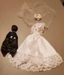 Bride and Groom Wedding Set Veil Dress Black Tux candelabra bells, pen holders