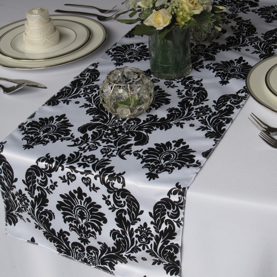 25 Damask Satin Table Runners 14″x108″ Black & White Fine TableRunners Weddding