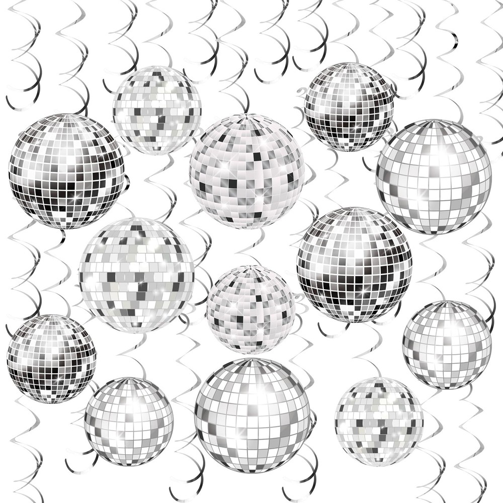 54 Pieces Disco Party Decorations Sliver Disco Ball Hanging Swirls 70s Ceilin…