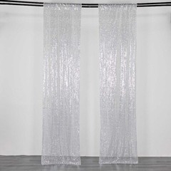 2 SILVER 8ft x 2ft Sequined Backdrop Curtain with Rod Pockets Wedding
