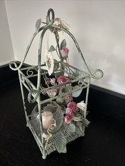 Wedding Lantern Patina Metal Cage Candle Holder w/Roses Shabby Chic Cottage