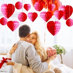 36 Pcs Valentine Heart Honeycomb Decorations Pom Poms Pink Red Combination