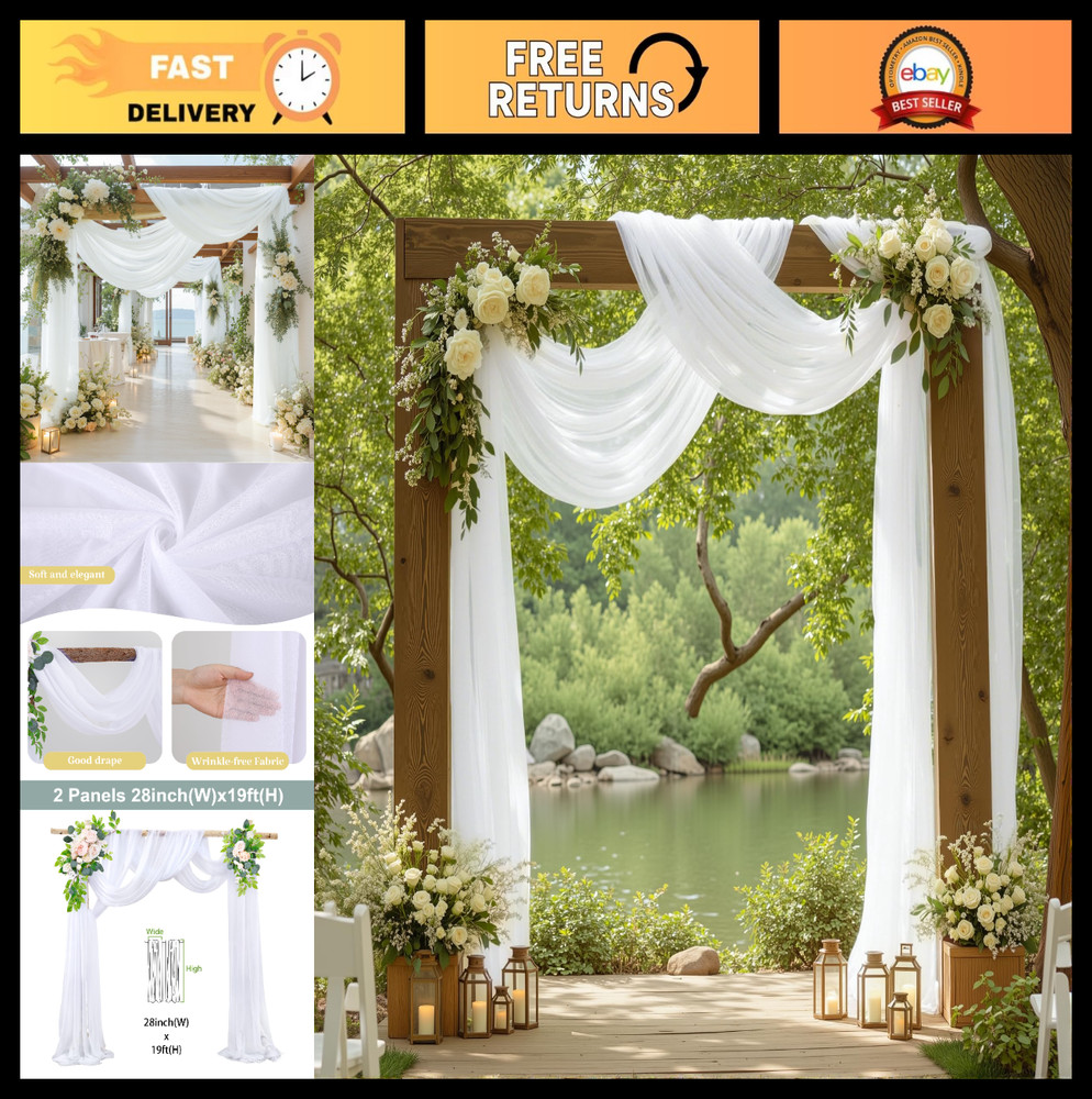 Wedding Arch Draping Fabric 2 Panels White Sheer Backdrop Curtain 28″ x 19ft for