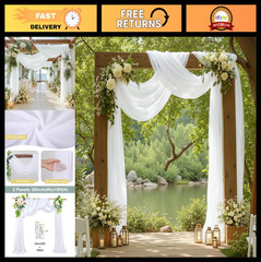 Wedding Arch Draping Fabric 2 Panels White Sheer Backdrop Curtain 28″ x 19ft for